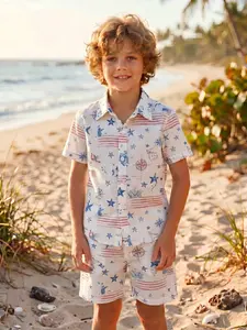 Kids Nautical Compass Print 2-Piece Set, Comfortable & Lightweight Boys Patriotic Wear, Shirt + Shorts for Summer, Ideal for Beach Days & Holiday Parties