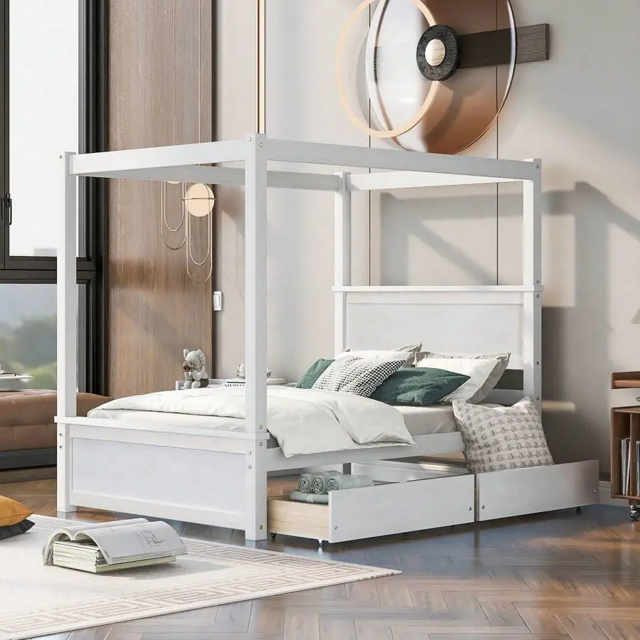 Solid And Stable Full Size Wood Canopy Bed Frame With Wooden Headboard, Canopy Bed With 4 Sturdy Posters And Two Drawers, Noise Free/No Box Needed