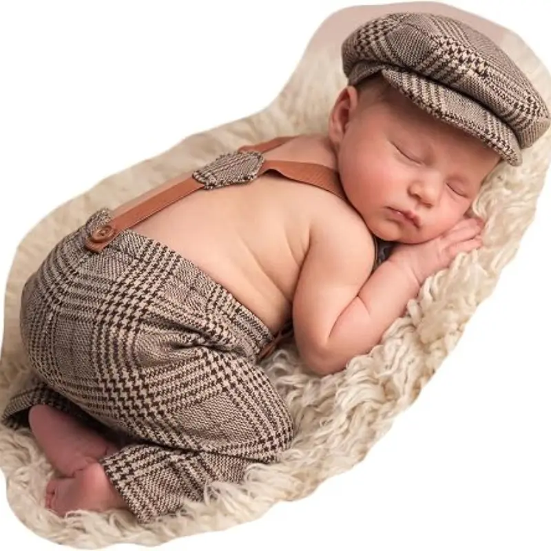 Newborn Boy Photography Outfits Prop - Suspenders & Hat Baby Photography Props for New Born Photo Shoot, Infant Boys Posing Photoshoot Costume Set