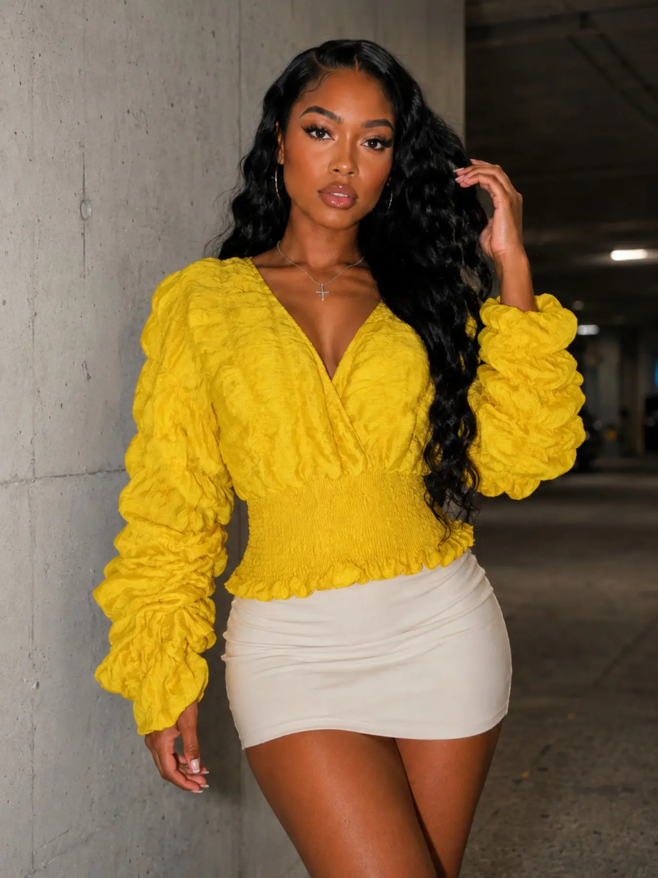 Women’s Ruched Puff Sleeve Top, Sexy V Neck Long Sleeve Blouse, Y2K Fashion Going Out, Stylish and Trendy Women's Clothing