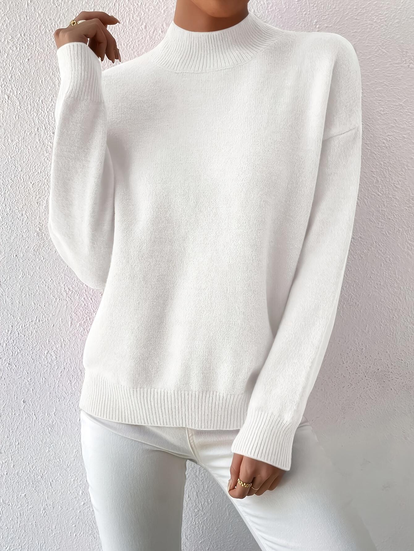 [Elegant Winter Sweater] Elegant Oversized Women's White Winter Sweater |     High Neck Turtleneck Pullover, Stretchy Collar, Loose Fit, Long Sleeves - Machine Washable for Fall & Cold Weather angelina  neon  outfit
