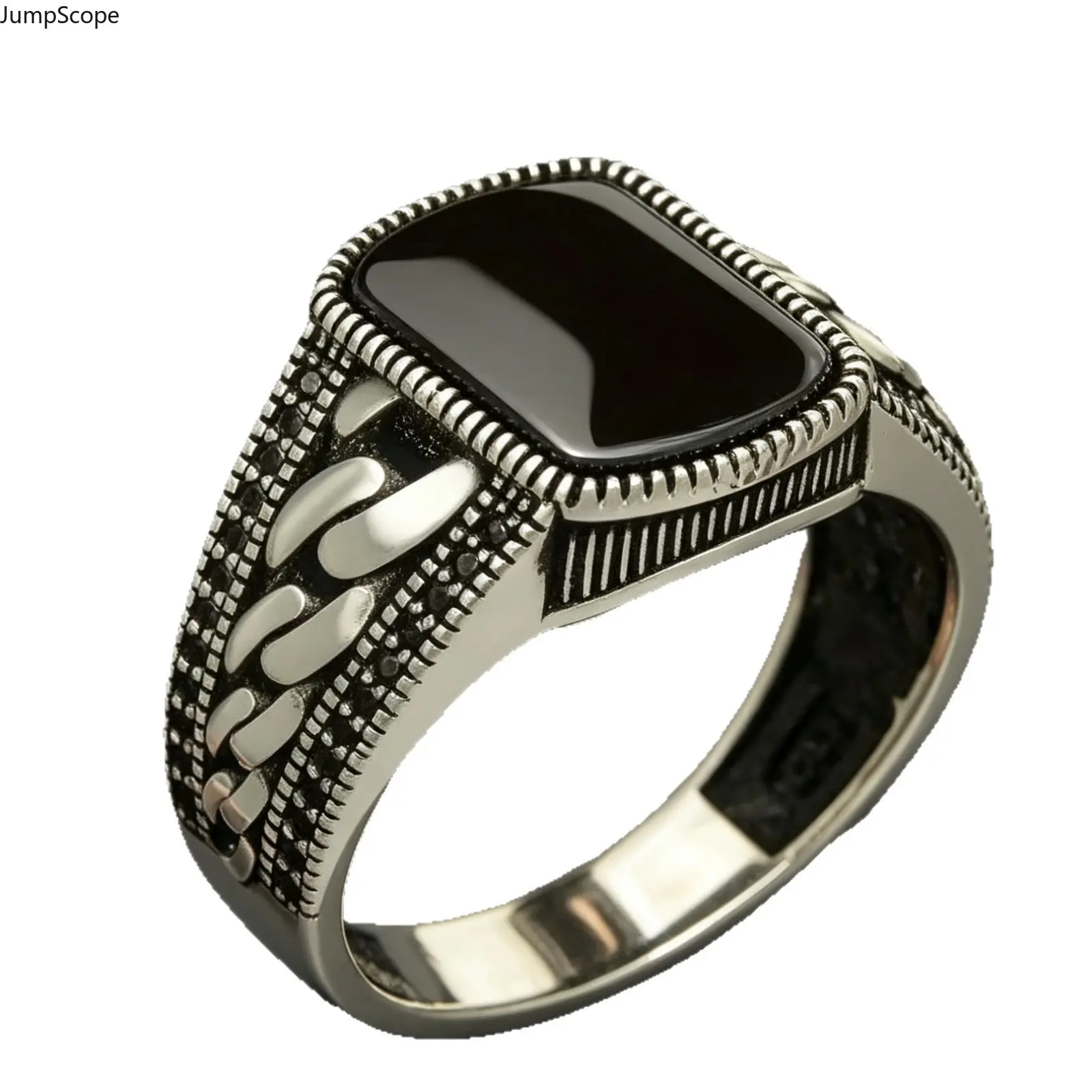 Vintage Oxidized Silver Men's Signet Ring - Rectangle Black Onyx, Zipper Chain Carved Wide Gothic Band, Statement Chunky Piece for Biker Daily Wear, Vintage Rings, Finger Jewelry