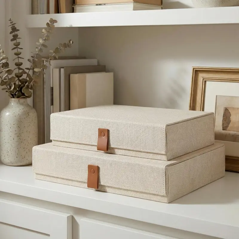2-Pack Linen Decorative Photo Storage Boxes with Lids - Stackable Sizes Home Organizer Bins for Safely Storing Pictures, Documents, Scrapbooking Supplies