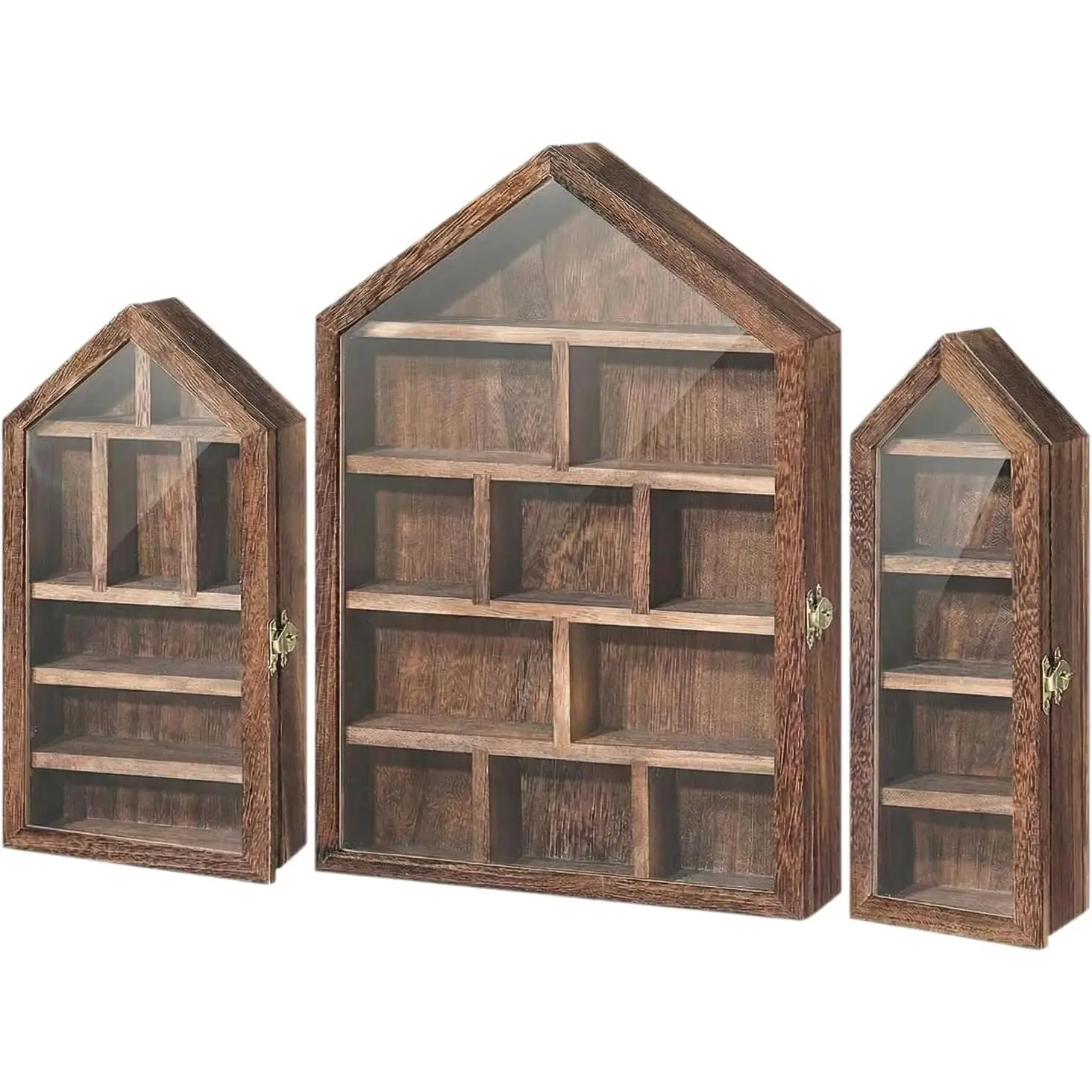 Trinket Shelf Display with Door (Set of 3), Solid  Knick Knack Shelf for Wall, House Shaped Curio Display Case Shadow Box for Miniatures, , Rocks & Collectibles (Brown)