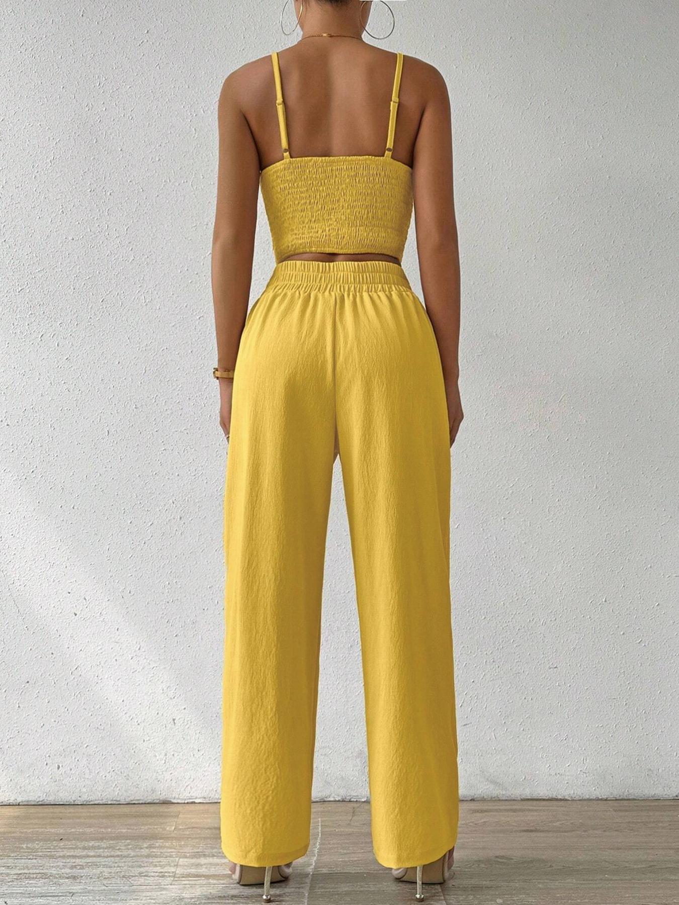 Women's Solid Crop Cami Top & Wide Leg Pants Two-piece Set, Casual Comfy Two Piece Outfits for Daily Wear, Ladies Clothes for All Seasons, Womenswear