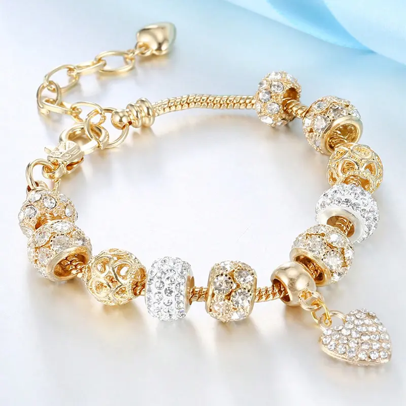 Fashion Multi-Element Beaded Bracelet For Women & Teen Girls Adjustable Copper Bracelet Inlaid Shiny Rhinestone With Lovely Heart Pendant Delicate Charming All-Match Daily Wrist Jewelry Perfect Meaningful Gift For Her Beaded Bracelet