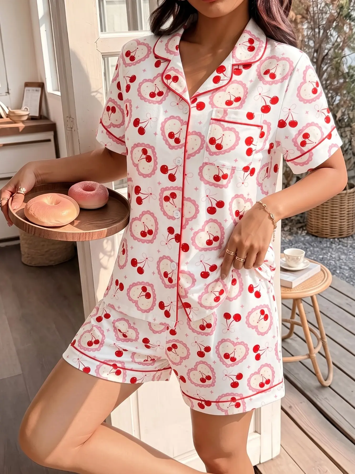 Summer Women's Pajama Set, Short Sleeve Button-Up Top & Loose Shorts, Heart Cherry Print, Nightwear & Casual Wear, 2-Piece Set
