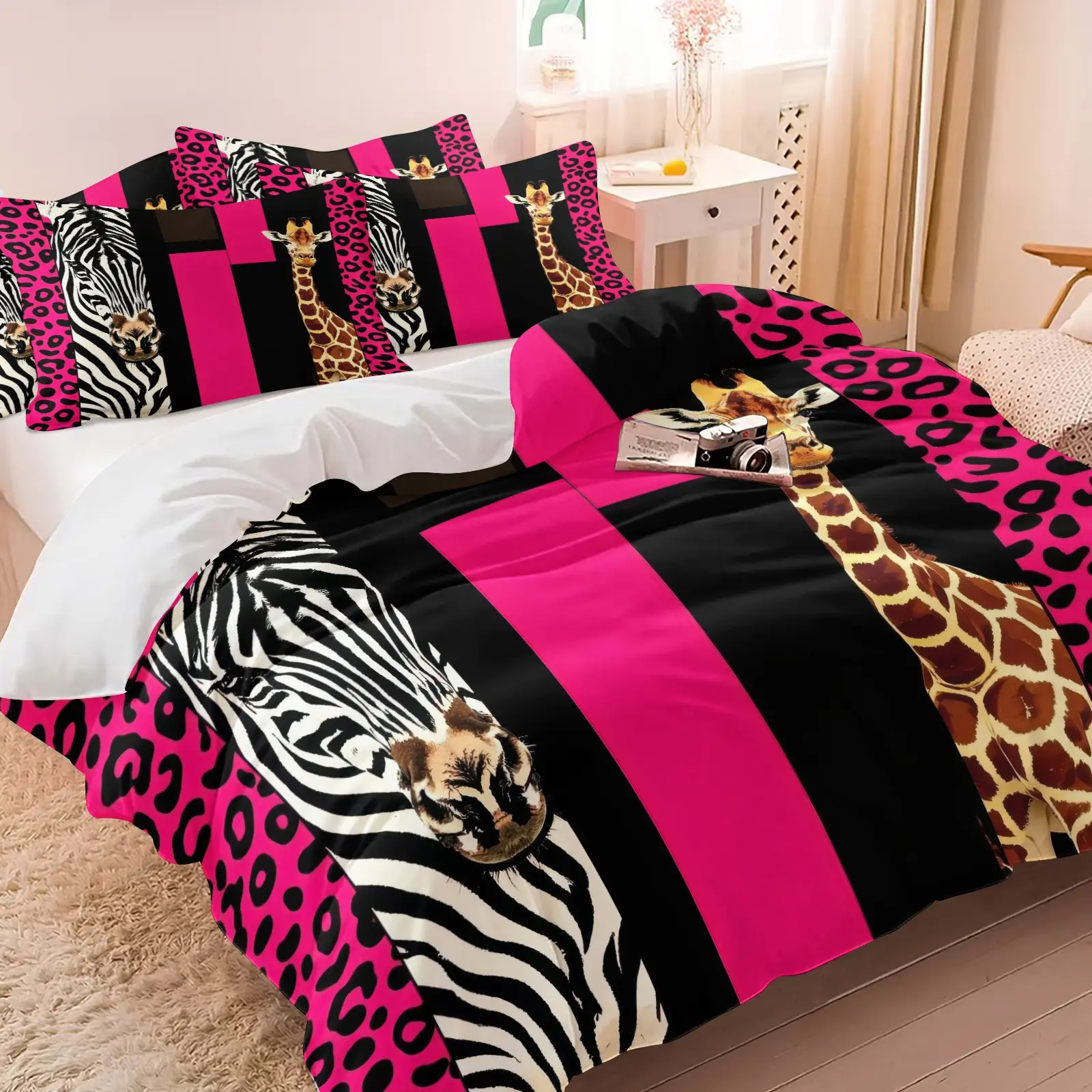 3PCS Safari Zebra Giraffe Hot Pink Cheetah Patchwork Duvet Cover Set (1 Duvet Cover + 1-2 Pillowcases), Bold Black Pink Geometric Wild Animal HD Digital Print Pattern, Soft Cozy Skin-Friendly Lightweight Bedding, Ideal Edgy Teen Girls Dorm Decor Gift