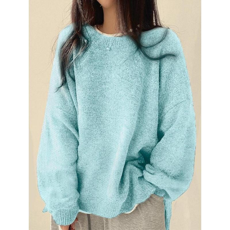 Women's Drop Shoulder Split Hem Sweater, Chic Casual Long Sleeve Round Neck Jumper, Women's Knitwear Top for Fall & Winter, Crewneck Sweaters for Women, Tops for Women, Womenswear
