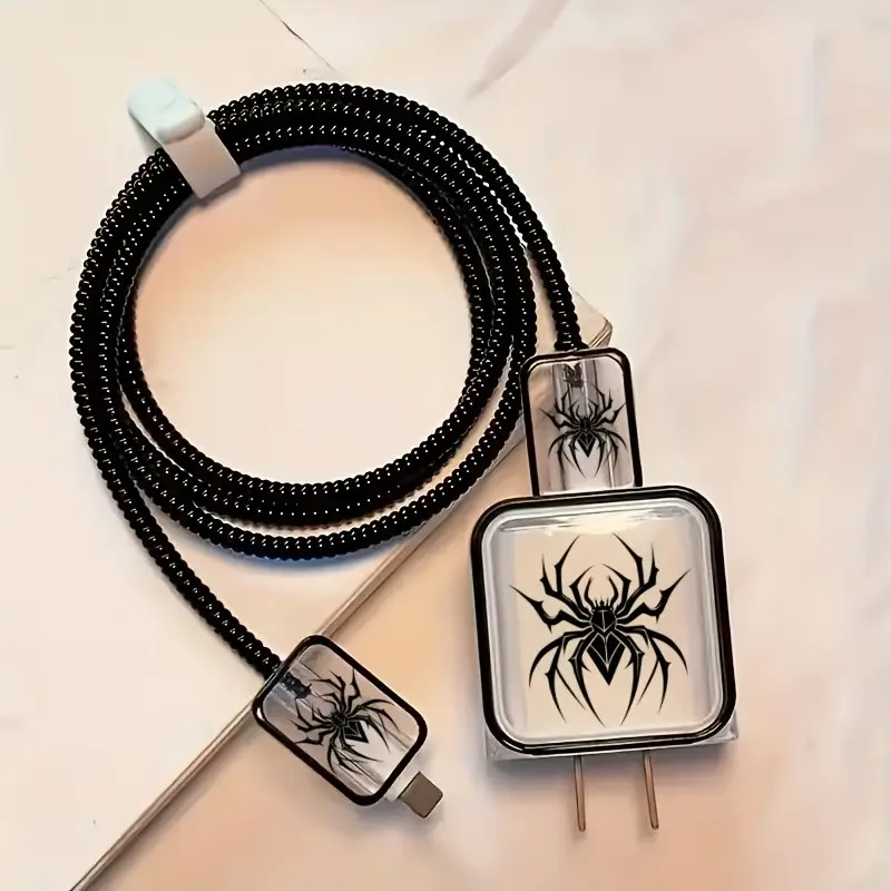 Dark Style Spider Charger Case, Transparent Border Soft Shell, Cool Spider Print, Full Data Cable Protection Set, for Apple 18/20w Chargers