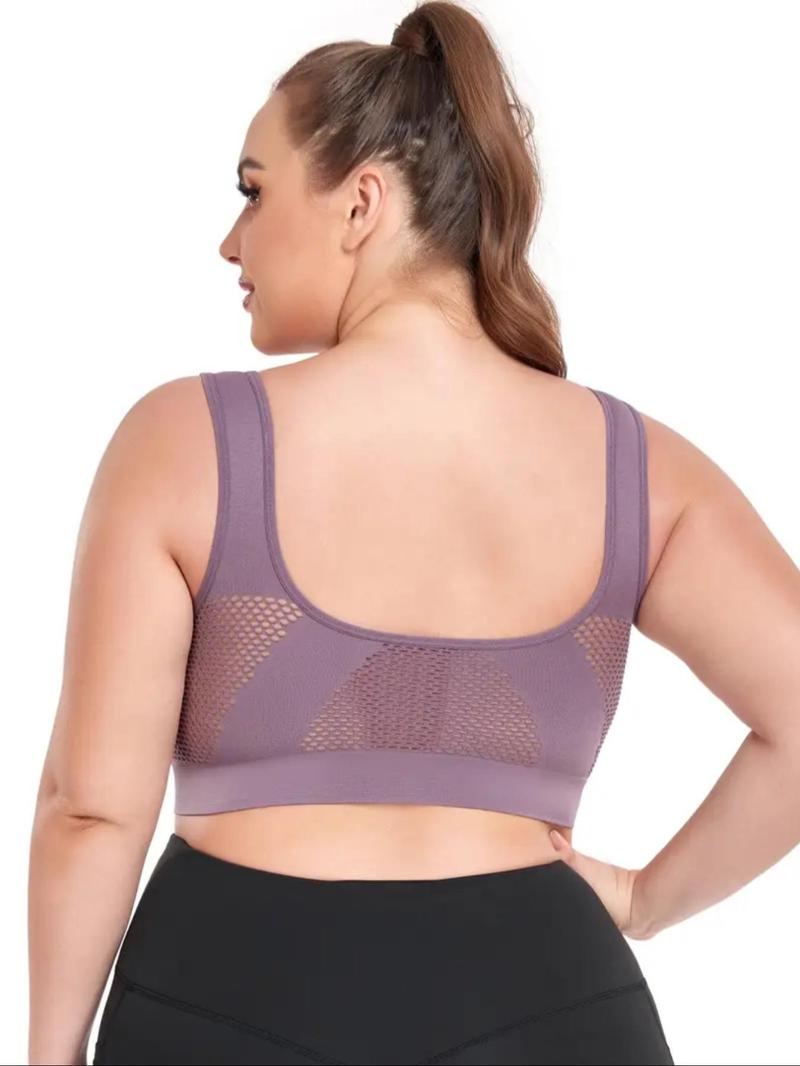 1XL-5XL,Women's Plus Size Wireless Seamless Bra Set, Breathable Hollow Back Crop Top, Wide Strap Basic Bra,All Seasons, Casual Style
