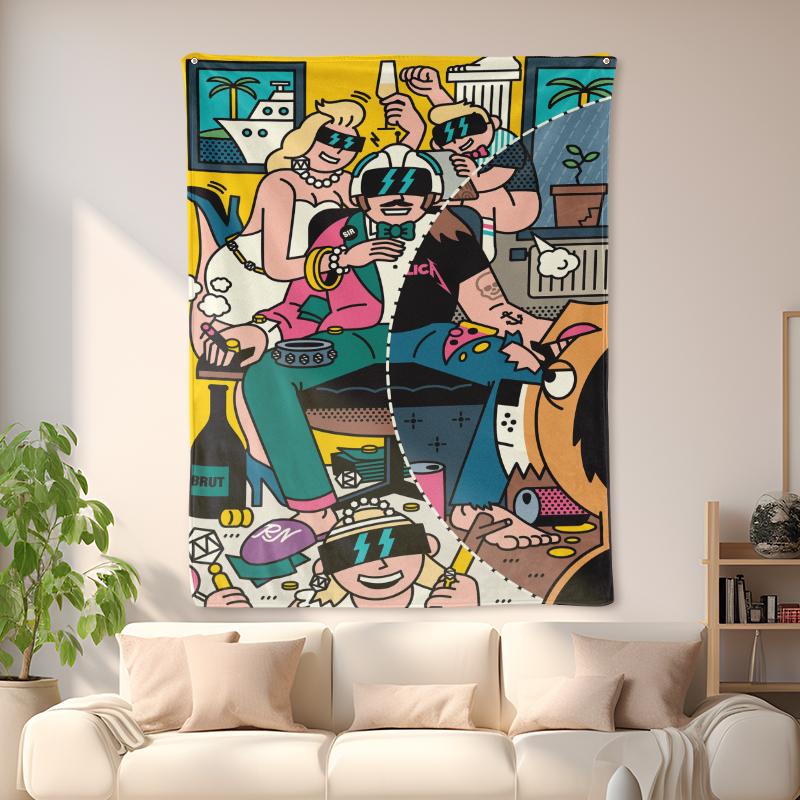 Cozy Flannel Blanket, Vibrant Pop Art Luxury Party & Yacht Scene Throw Blanket, All-Season Warm Rich Life Celebration Blanket for Couch, Bed, Camping & Gift, Aesthetic Bold Graphic Design Home Decor