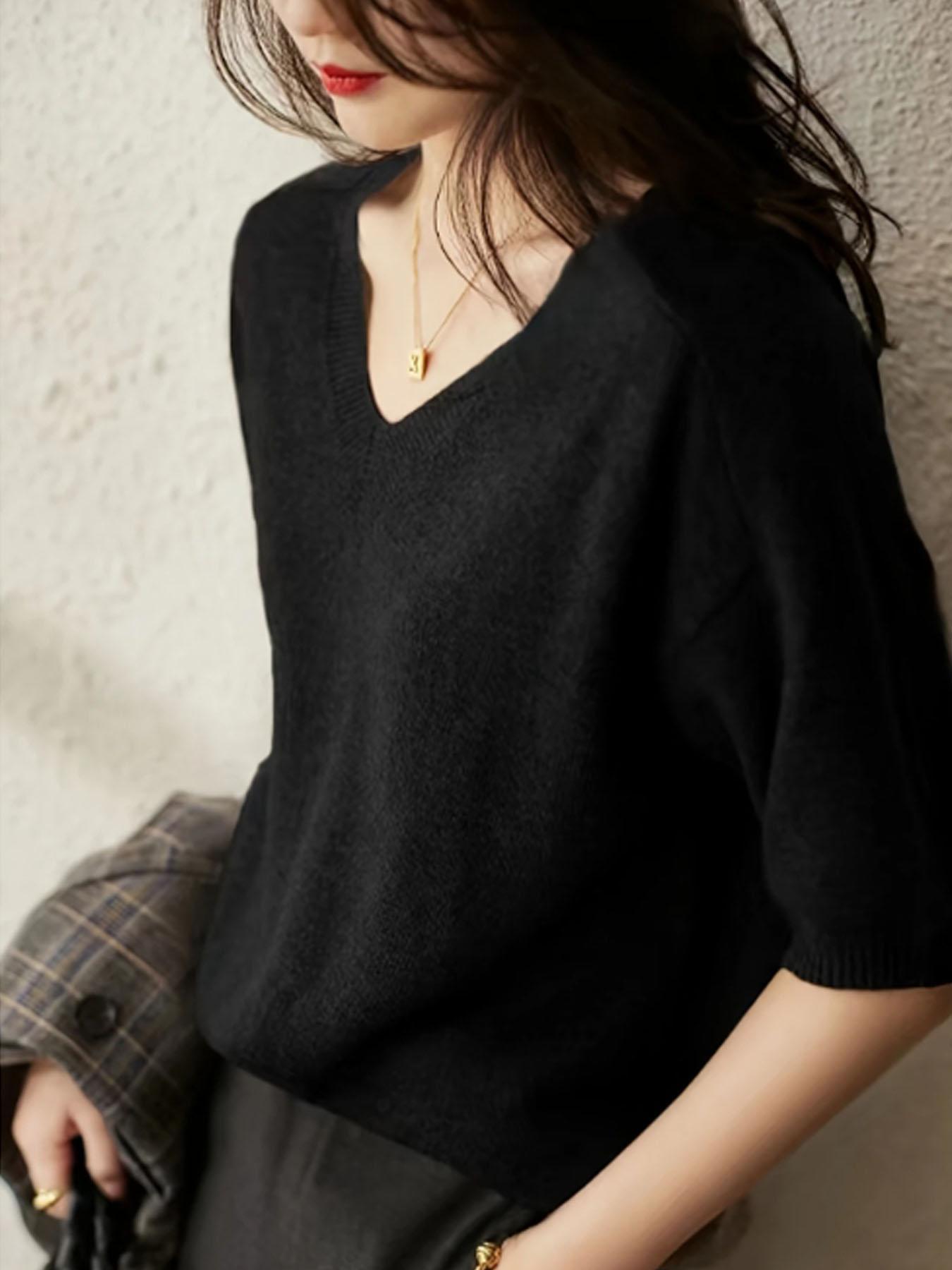 Women's Plain V Neck Sweater, Casual Jumper for Spring & Fall, Fashion Women's Basic Knitwear for Daily Wear, Tops, Womenswear