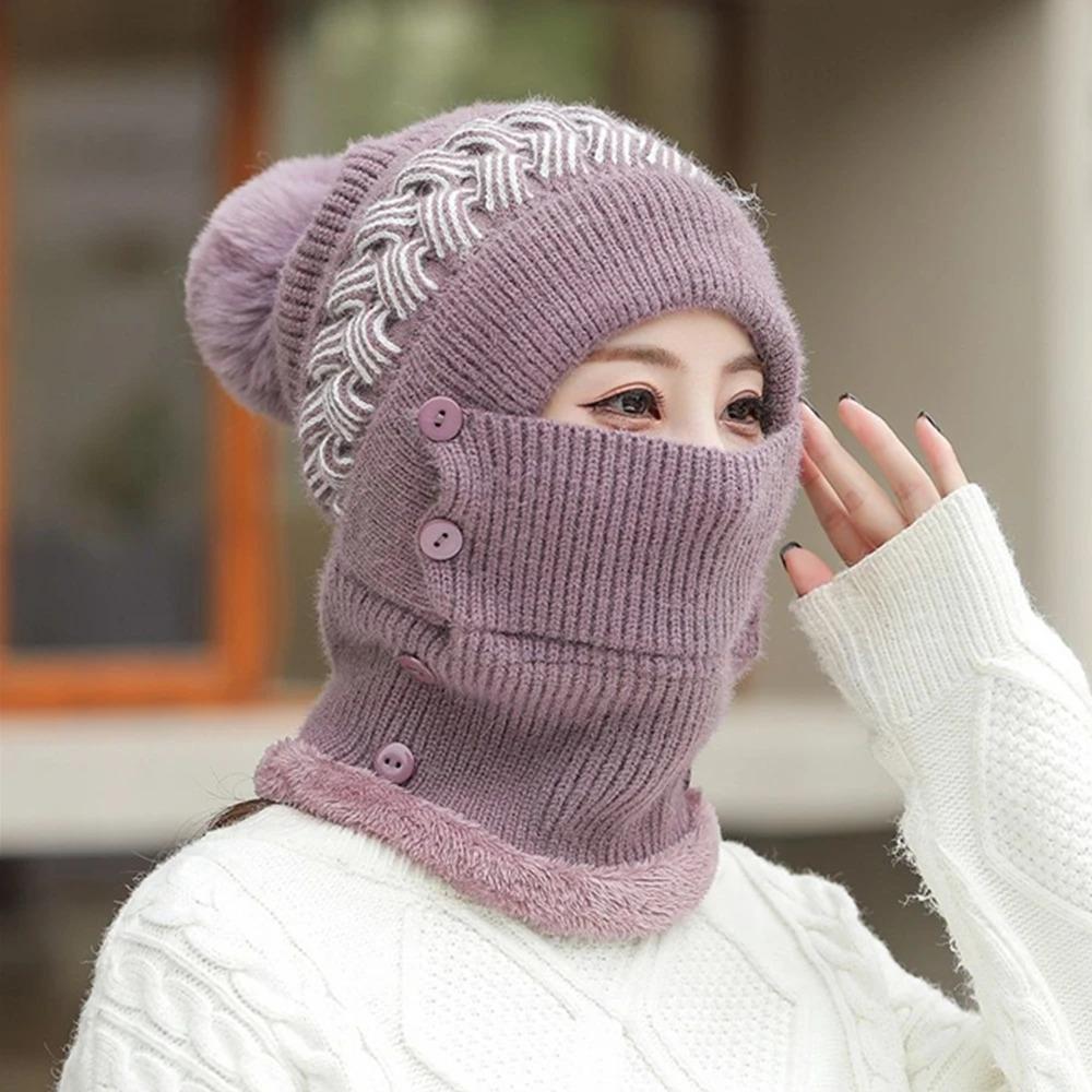 New Style Female Pompoms Winter Hats Plush Fur Lined Keep Warm Winter Hat Women Windproof Coldproof Thicken Balaclava Cap