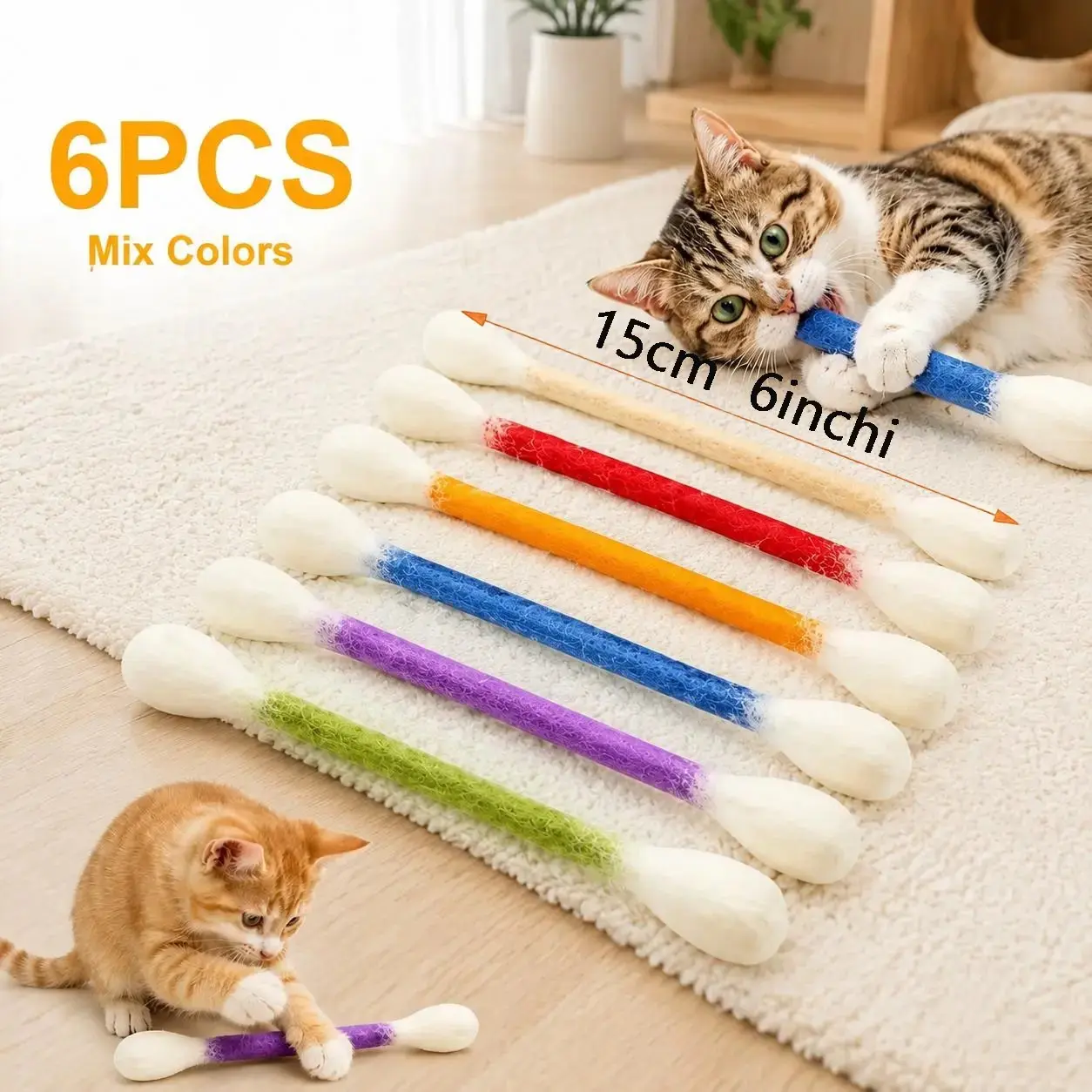Cat Q-Tip Toy 6 Pack｜Giant Felt Cotton Swab Chew Sticks for Indoor Cats