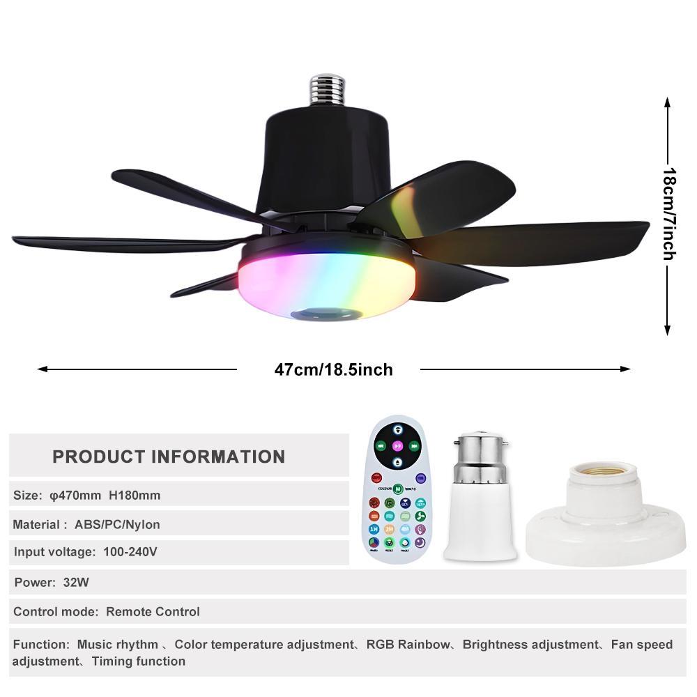 Remote Control Ceiling Fan Light with Bluetooth-compatible Speaker, RGB Fan Light with 3 Adjustable Brightness Levels, No Noise for Small Bedrooms and Indoor Parties