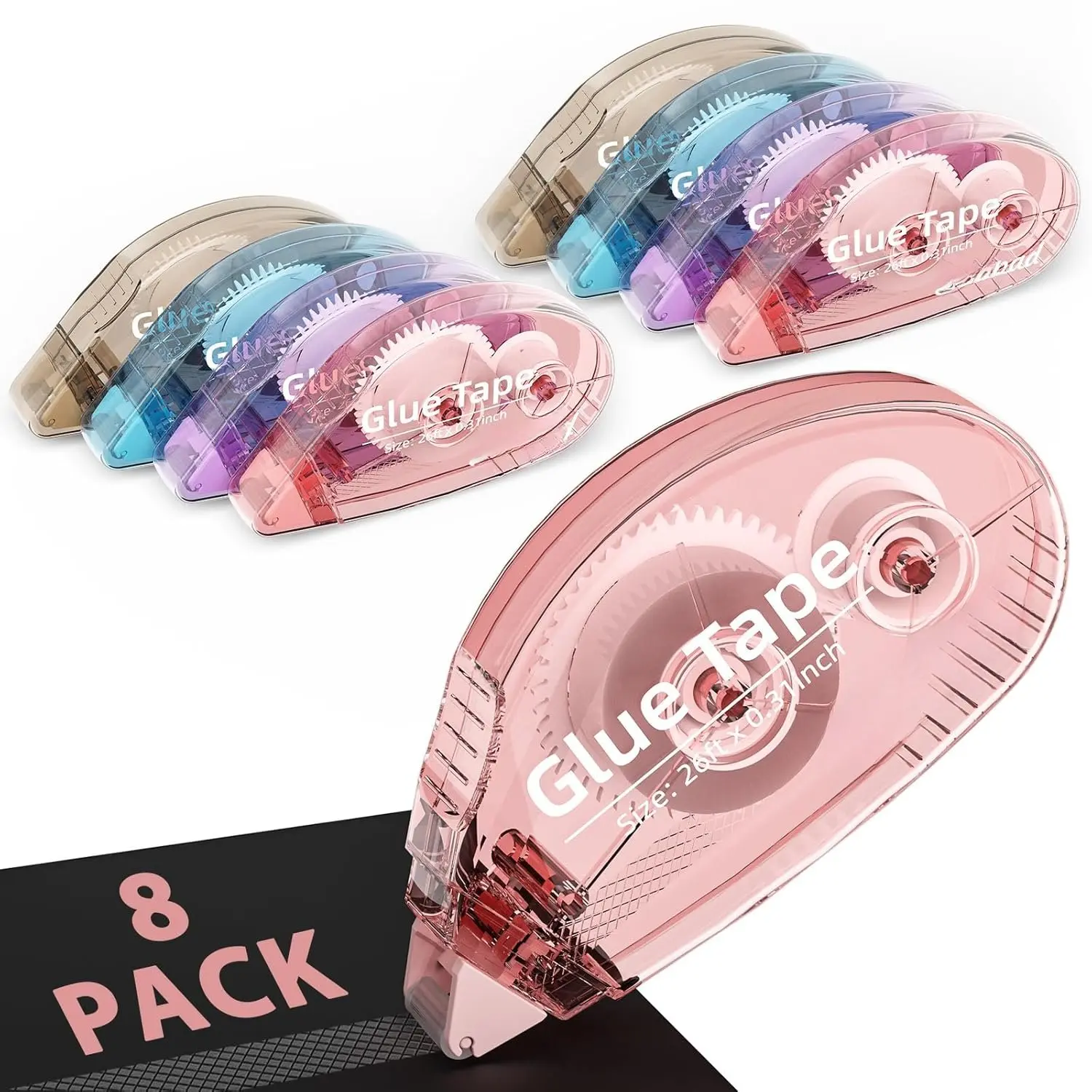 8 Pack Scrapbook Tape, Double Sided Tape for Crafts, Adhesive Glue Runner for Scrapbooking Journaling Supplies, Glue Roller for School Office Teacher, 0.3IN x 26FT, Light-Colored Shell