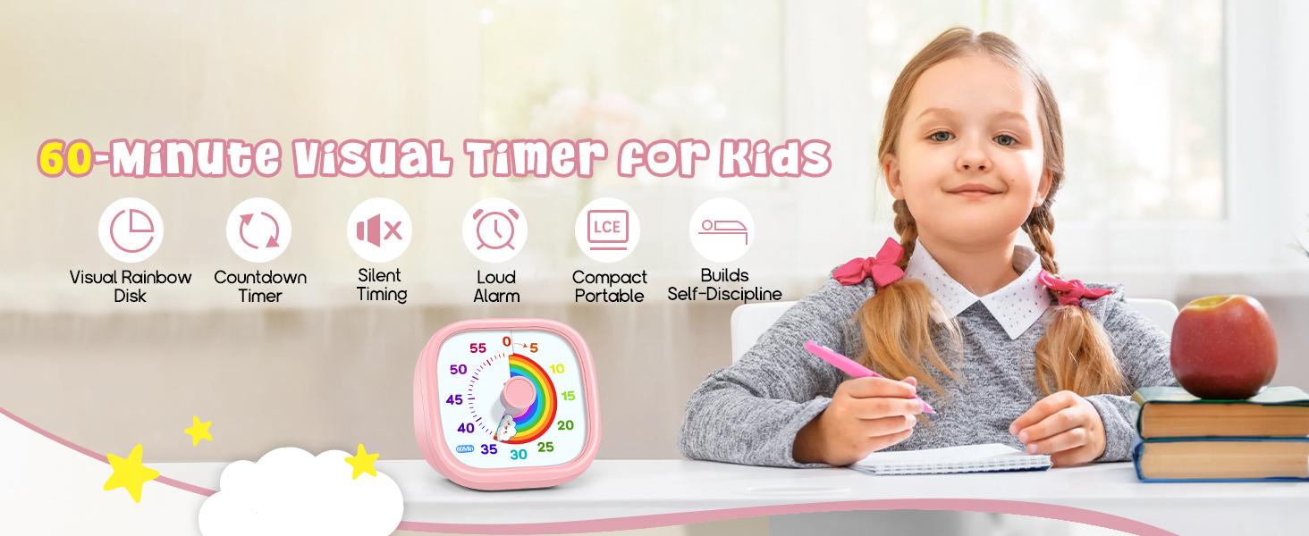 60-Minute Visual Timer for Kids – Rainbow Disk Countdown Clock, Silent Operation Pomodoro Timer for Classroom, Home & Office. Time Management Tool for Toddlers & Students – See Time Passing, Reduce Anxiety, Build Focus! Pink