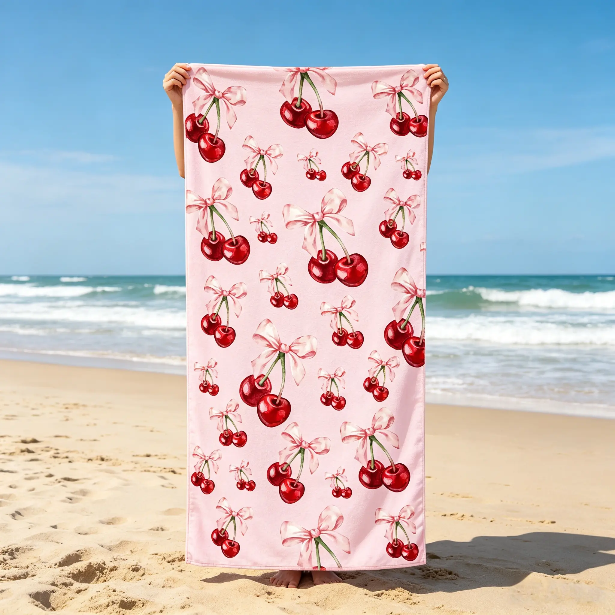 Oversized Breathable Microfiber Blend Bath Towel - Pink Base with Vibrant Red Cherries, White Bow, Cherry Blossom Design, Ideal for Beach & Pool, Travel