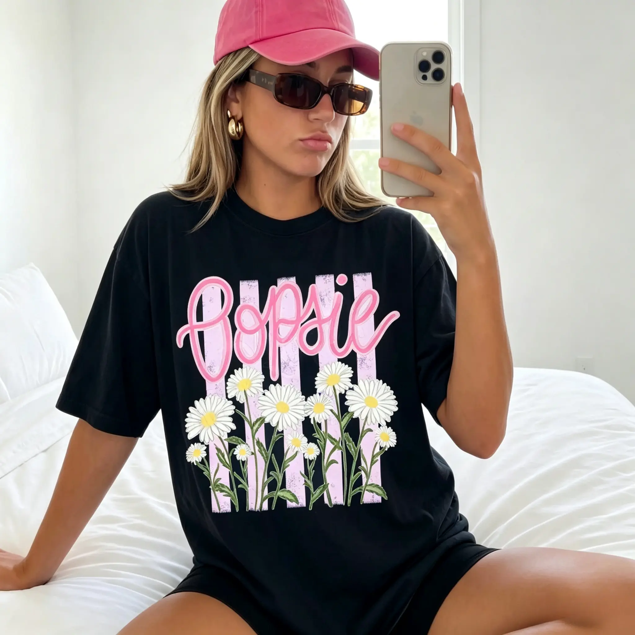 Oopsie Daisy White Daisy Graphic Tee Women Distressed Stripe Casual Summer Trendy Short Sleeve Tshirt