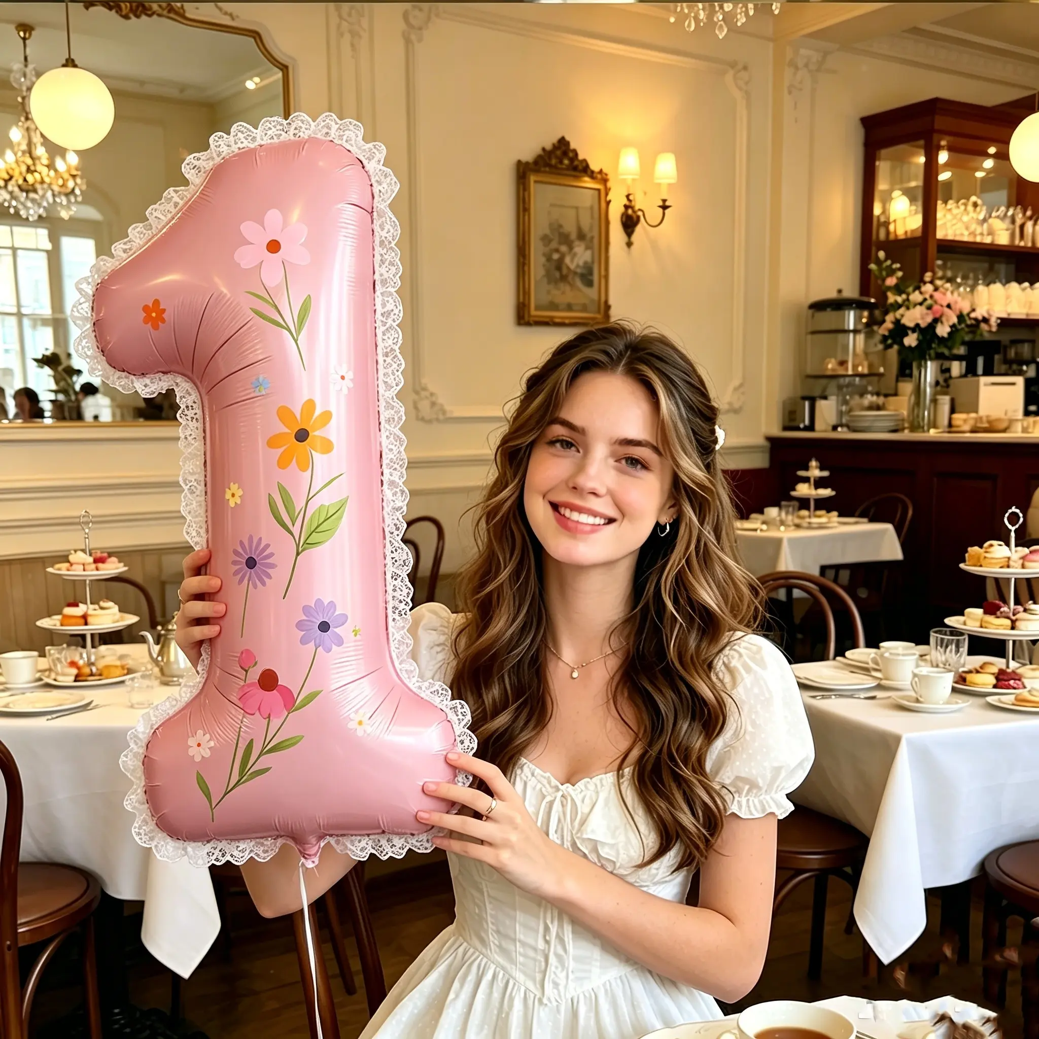 40 Inch Large Beige Number Foil Balloon Set, Big Size Number 0-9 Mylar Balloons with White Lace Ribbon & DIY Floral Stickers, Party Decor & Photo Props for Women’s Birthday, Proposal, Anniversary, Wedding, Gender Reveal & Indoor Outdoor Holiday Events