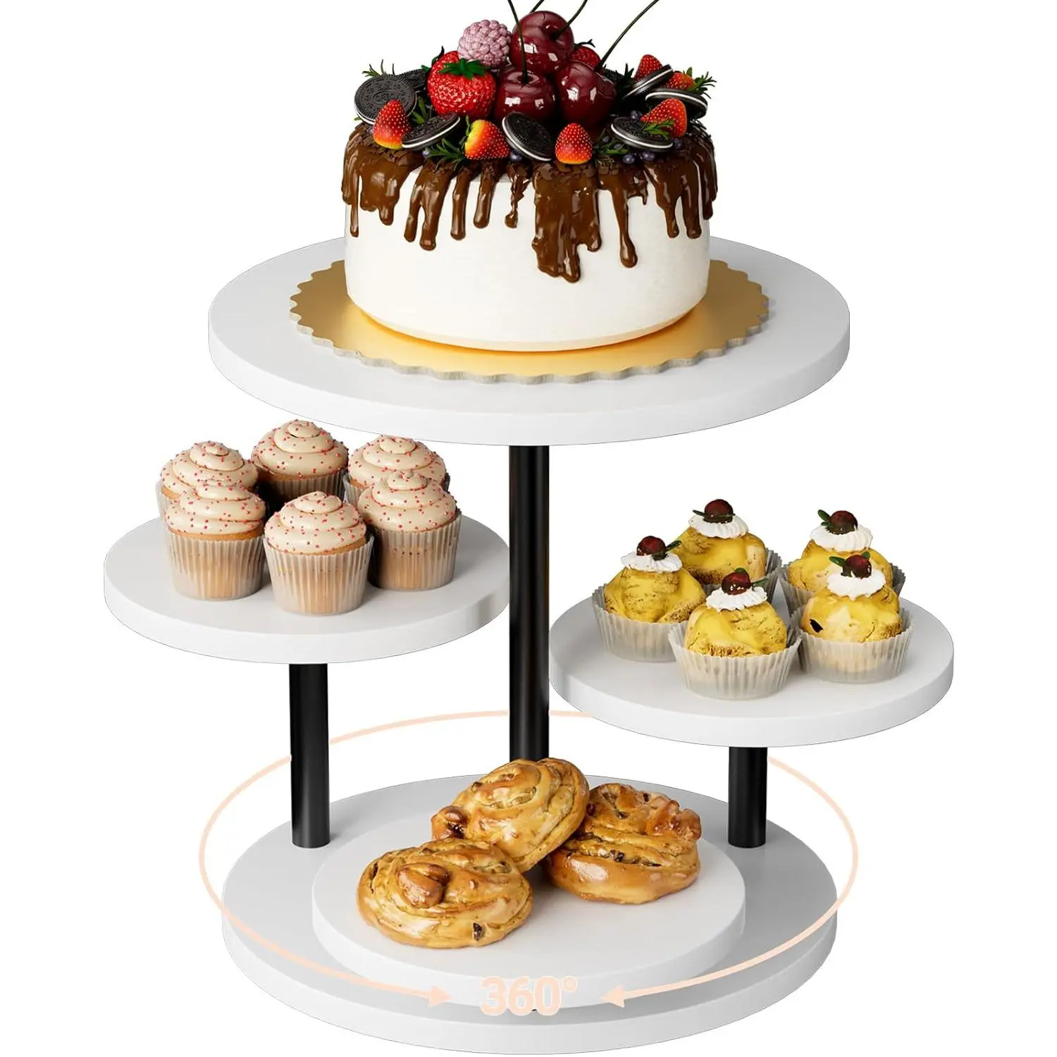 360°Rotating Wood 4 Tiered Cupcake Stand Holds 50 Cupcakes, Wedding Cake Cookie Serving Trays for Party Birthday Baby Shower Afternoon Tea Dessert Table, White