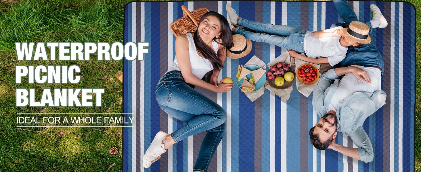 Picnic Blankets Outdoor - 80"x80" Waterproof Beach Blanket, Machine Washable 3-Layer Foldable Park Mat with Sandproof Backing for Grass, Hiking, Travel, Concerts, Indoor (BlueStrip)