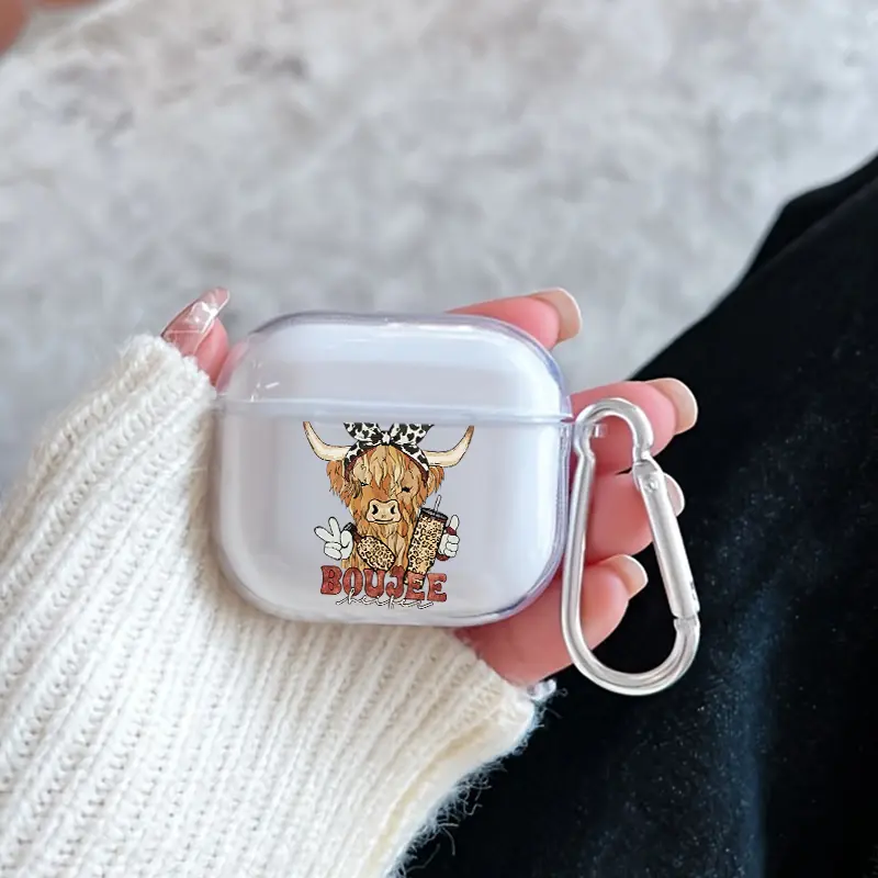 Boujee Highland Cow Pattern TPU Soft Protective Case for Apple AirPods 4/3/2/1/Pro/Pro2 Transparent Earphone Cover with Keychain Attachment