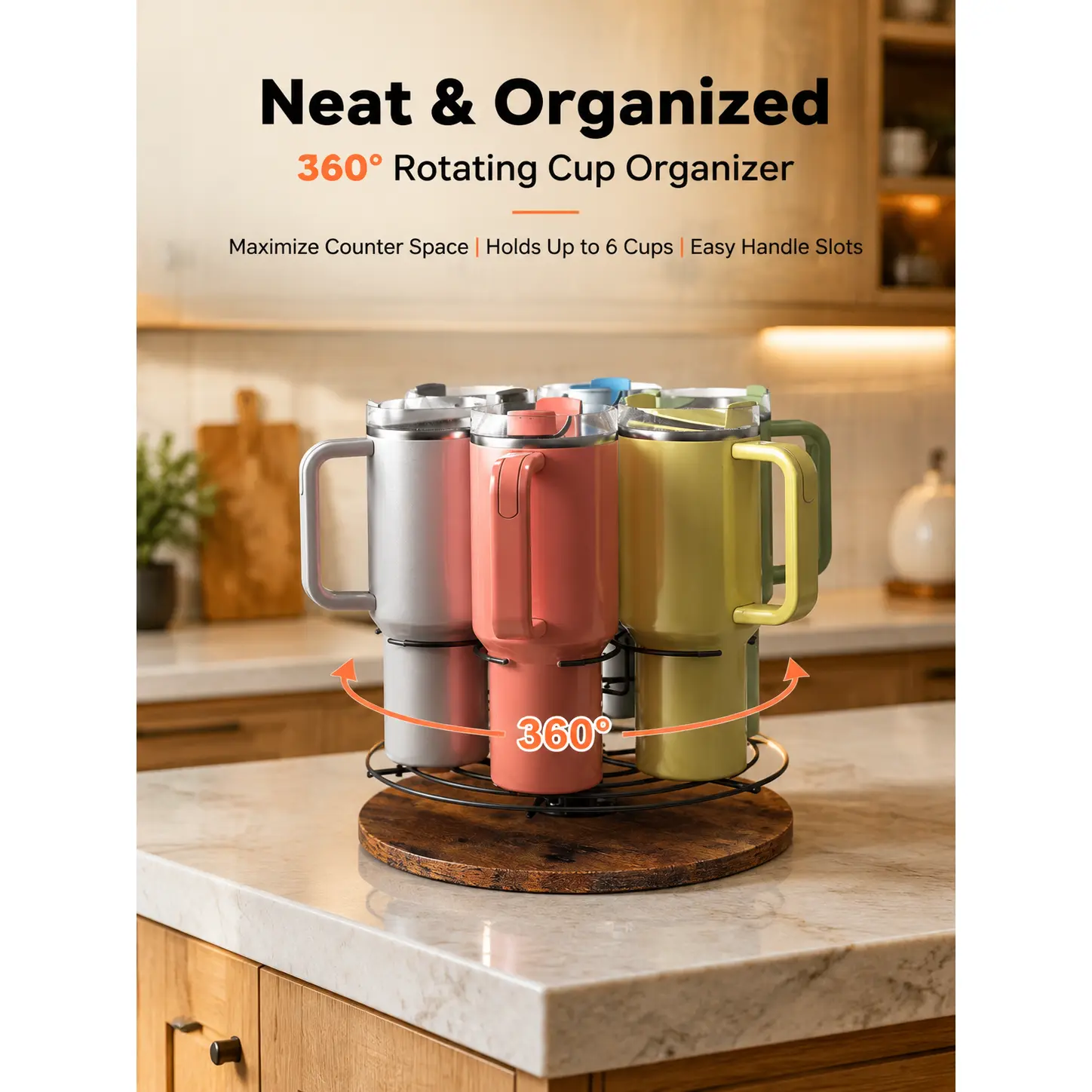 360° Rotating Smooth Minimalist Mug Holder Organizer, Carbon Steel Frame with Wooden Base, 6-Cup Space-Saving Storage Stand with Handle Slots for Kitchen Counter, Cup Storage