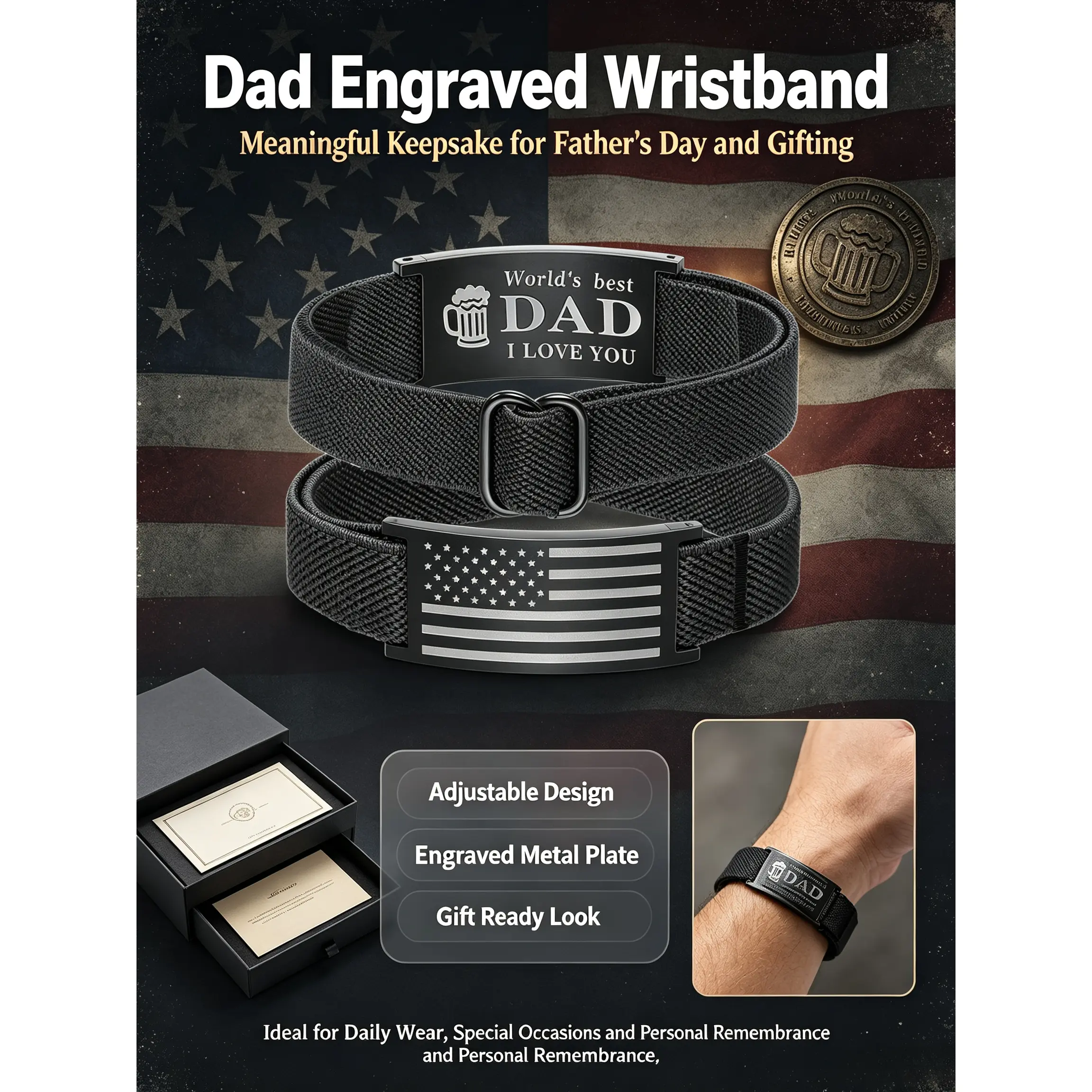 Vintage Engraved Black Steel Flag & Dad Text Wristbands, Adjustable Fit Male Bracelets, Daily Wear Casual Stackable Wrist Accessories | Father's Day Gift, Birthday Gift for Dad, Black Steel Flag Bracelet