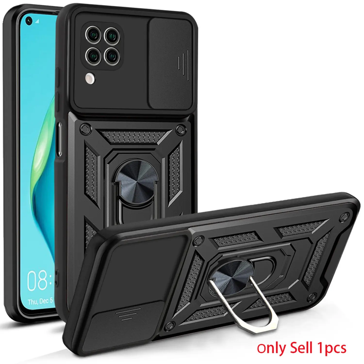Case for Huawei P40 Lite Smartphone Dual Layer Protective, Durable Push-Button Lens Cover, 360° Adjustable Magnetic Ring Stand, for Huawei P40 Lite Phone Case