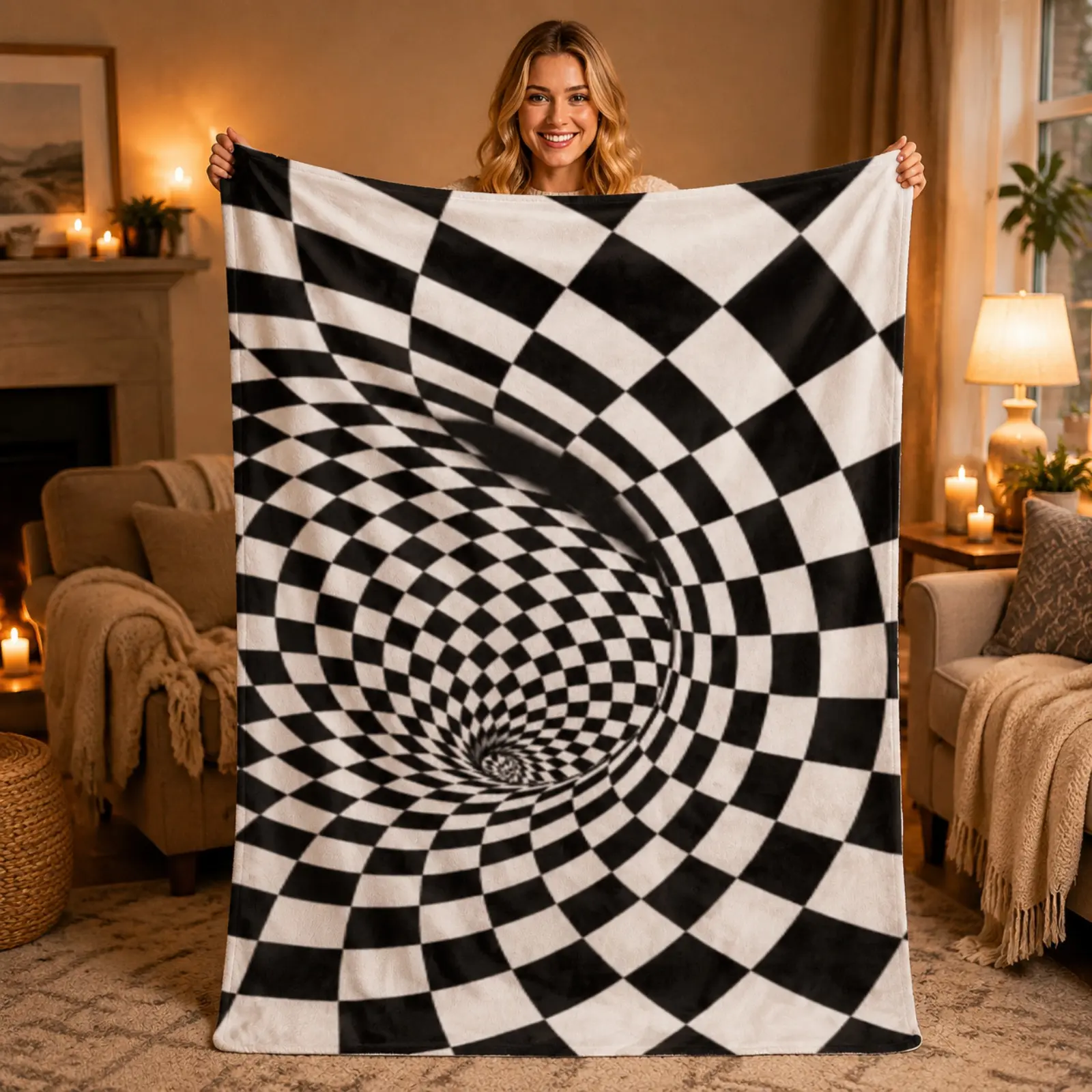 Moving Optical Illusion Flannel Blanket, Hypnotic 3D Spiral Visual Throw Blanket, Soft Flannel Fleece Sensory Blanket for Eye Relaxation, Cozy Home Decor Gift for Christmas Holiday
