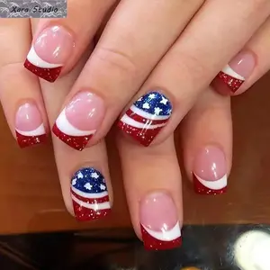 24Pcs Americana Chic Press-On Nails, Red White Blue Stars & Hearts Fake Nails for July 4th Independence Day, Long Lasting Summer Statement Salon Manicure