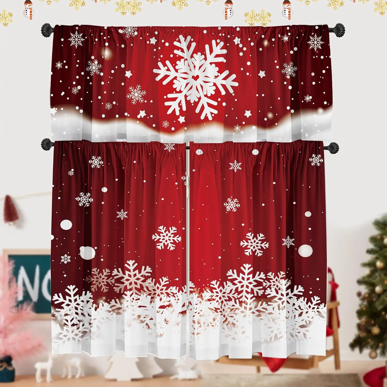 Christmas Curtain Valances Set 52x18 & 36x26 inch Dreamy Red Snowflake Valance Holiday Inspired Decor for Winter Homes/Kitchen/Bedroom