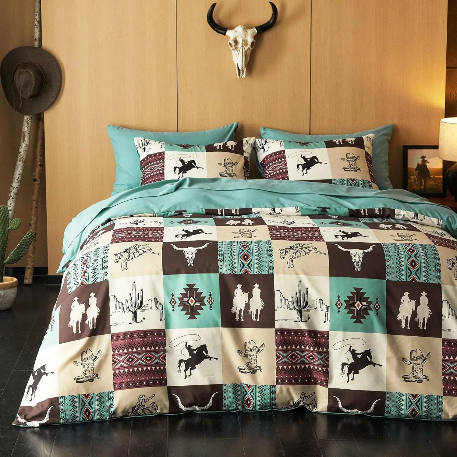 Wake In Cloud - Comforter Set, Southwestern Aztec Horse Cowboy Rustic Ranch Pattern Printed, Soft Lightweight Bedding, 3 Pieces, Turquoise Taupe, Queen Size