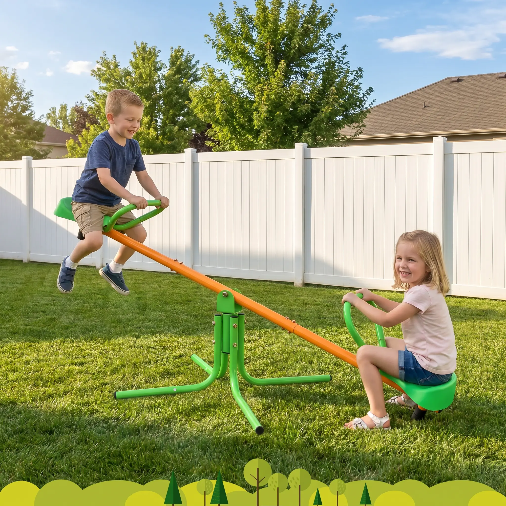 360° Spin Unisex Kids Seesaw with Iron Frame - 360-Degree Rotation Outdoor Play Equipment, 3-8 Years Old, 80kg Capacity, Indoor/Backyard Jungle Gym Swivel Sit-and-Spin Toy, Inflatable Obstacle Compatible