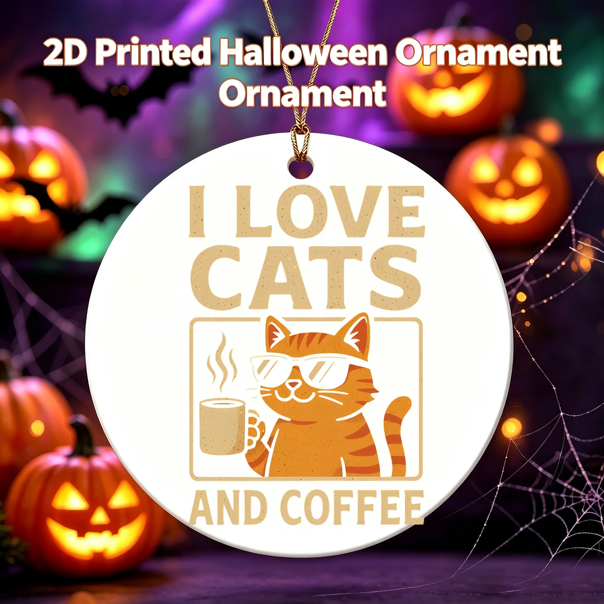 Halloween Style Ceramic Ornament I Love Cats And Coffee Pattern Ceramic Pendant For Cat Lovers And Coffee Enthusiasts 3 Inch