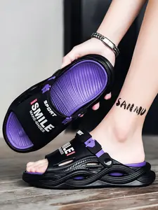 Men's Black Purple Two-Tone Wave Platform Slide Sandals, Adjustable Buckle Hollow Out Sport Slippers, Non Slip Cushioned Thick Sole Casual Slides for Shower Beach Outdoor Daily Walking