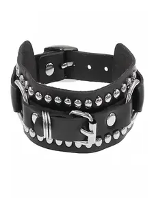 PU Leather Skeleton Hand Double Chain O-Ring Wide Cuff Bracelet, Multi-Snap Adjustable Punk Gothic Biker Wristband, Unisex Dark Alternative Rock Jewelry for Men Women, Ideal for Halloween, Rock Concert, Cosplay & Birthday Holiday Gift