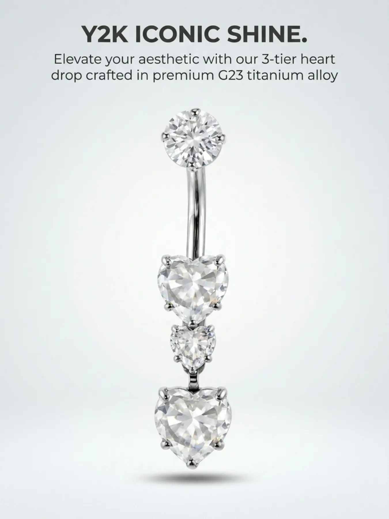 Belly Button Ring G23 Titanium 3-Tier Heart Drop Navel Piercing AAAAA Zirconia Hypoallergenic 14G Body Jewelry Y2K Aesthetic High Fashion Silver Navel Bar for Women Girls Trendy Streetwear Clubwear Party Ready Sparkling Heart Jewelry Gift