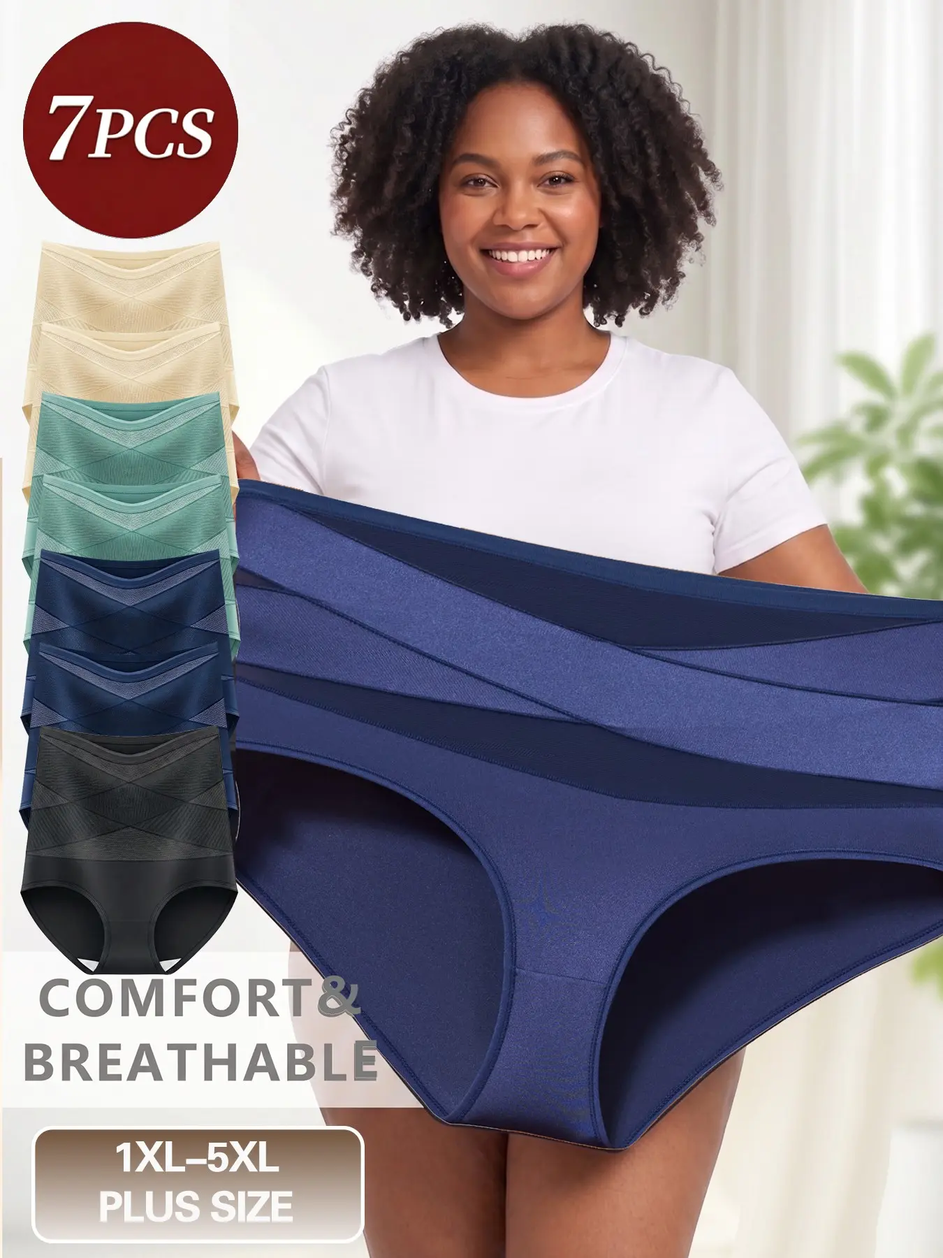 7pcs Plus Size Soft Breathable Women's Triangle Panties, High Waist Mesh Belly Control Underwear, Non-Rolled Edge, Elegant Style for All Seasons