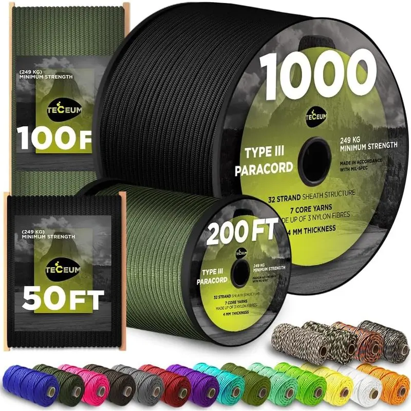 outdoor sports Paracord Rope 550 lb 4mm – Parachute Cord – Utility Camping Rope| 550 Paracord Type III, 50ft to 1000ft, 45+ Colors, Survival and Tactical Outdoor Gear, lon Core Para Cord for Clothesline