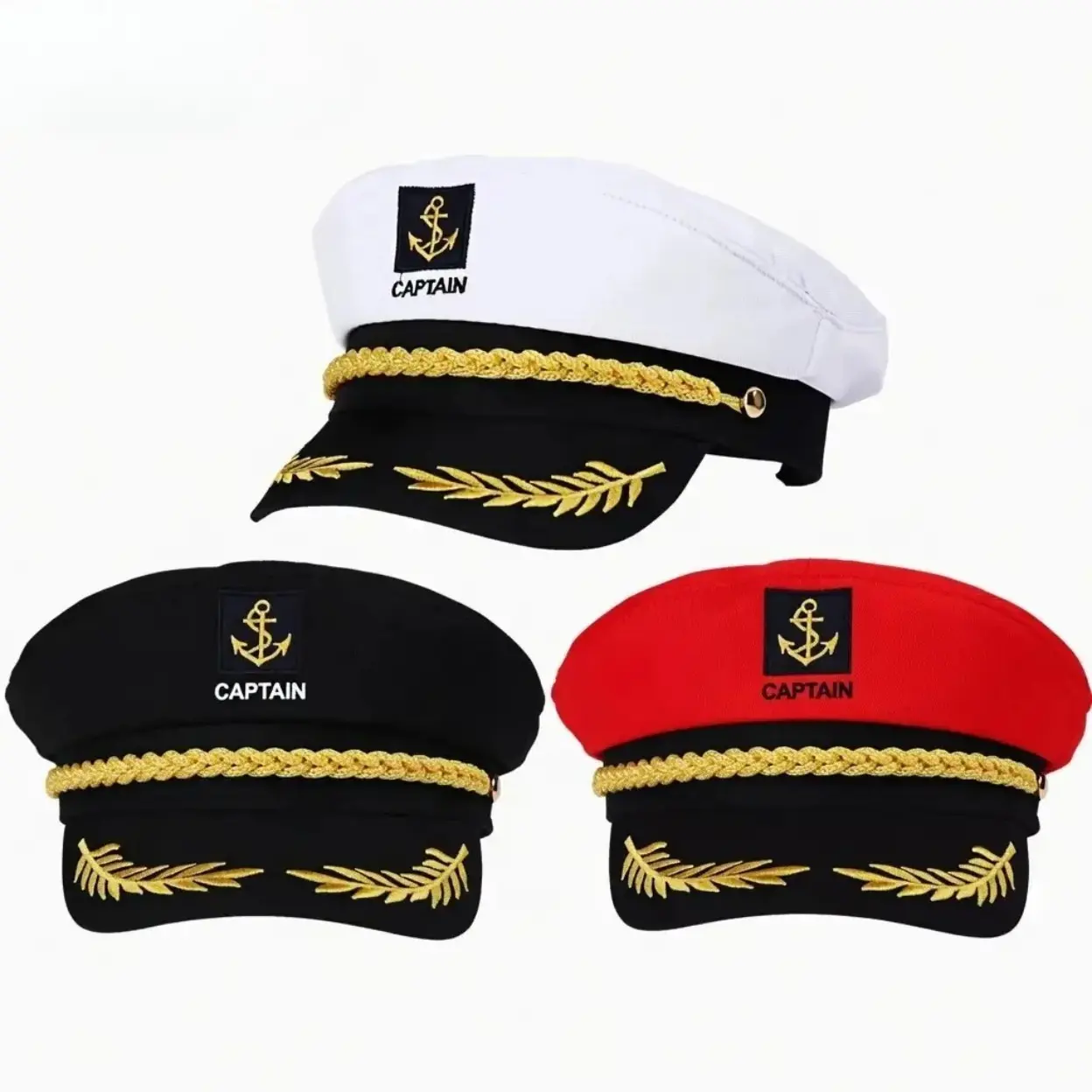 Adult White Navy‑Yacht Admiral Costume Cap, Anchor‑Embroidered Sailor‑Captain Hat With Gold‑Trim‑Leaf Accents, Durable Comfort‑Fit Headwear For Theme‑Party, Cosplay And Nautical‑Themed Yacht‑Event Styling