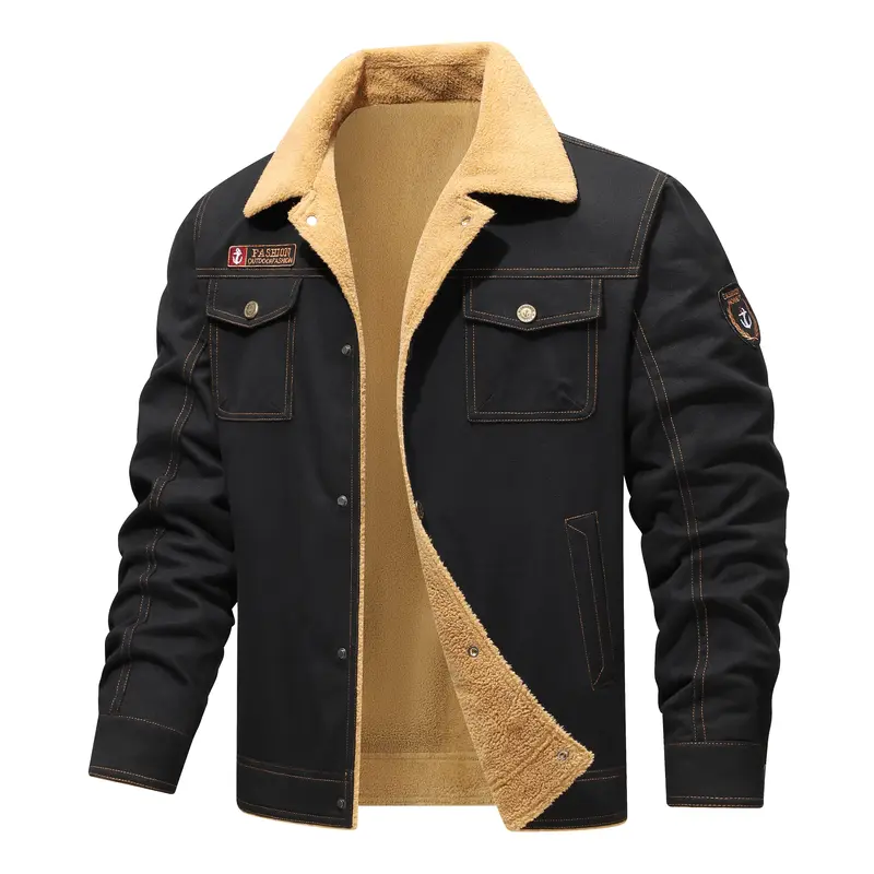 Men's Fitted Sherpa-Lined Soft Fleece Windproof Trucker Cargo Jacket - Button-Front, Long-Sleeve, Warm Multi-Pocket Collared Coat for Hiking, Casual Outdoor Menswear Tops