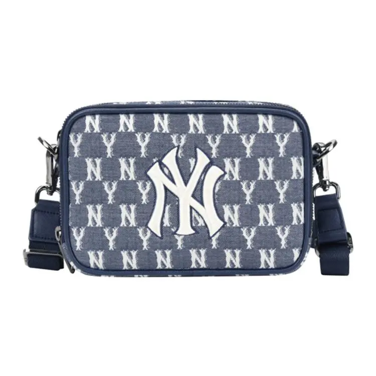 MLB Monogram Vintage Camera Bag – Unisex NY Yankees PU Polyester Crossbody Bag in Navy Blue