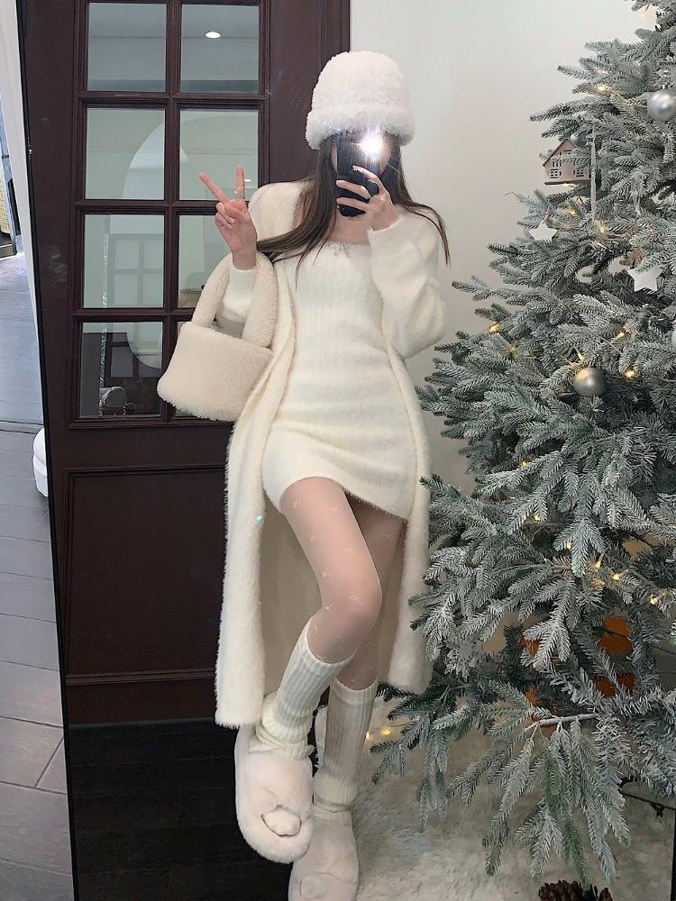 2025 Autumn Knitted Suits Women  Clothing Korean Fashion 2 Piece Dress Sets Female Casual Cardigan Coast + Mini Dress Vintage