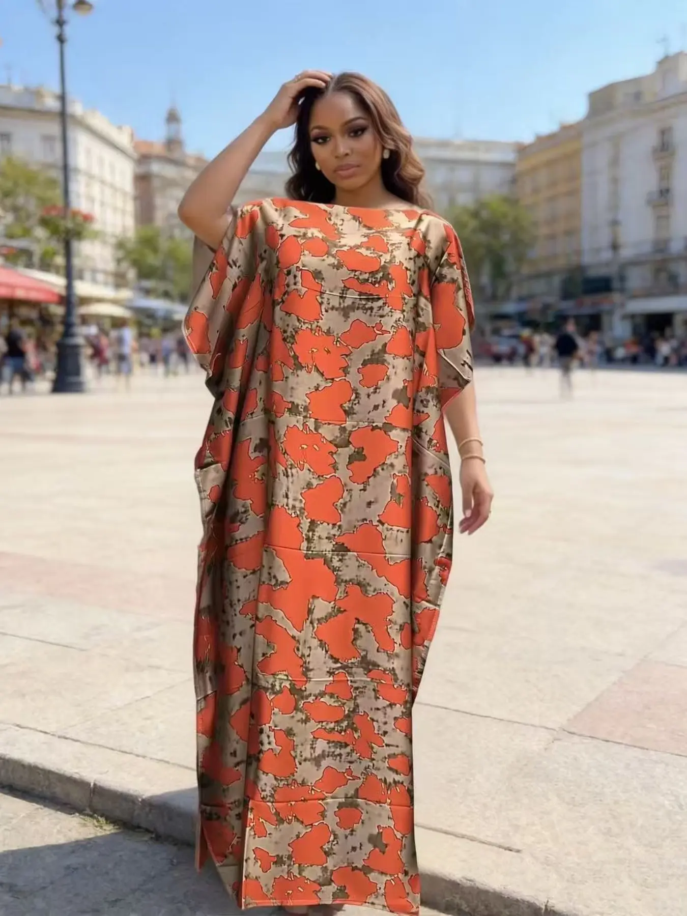 Fashion Loose Breathable Plus Size Satin Print Women's Boubou Ethnic Kaftan Dress, Summer Beach Vacation Daily Shopping Short Sleeve Party Elegant Robe with Scarf 2026 Casual Wear