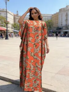 Fashion Loose Breathable Plus Size Satin Print Women's Boubou Ethnic Kaftan Dress, Summer Beach Vacation Daily Shopping Short Sleeve Party Elegant Robe with Scarf 2026 Casual Wear