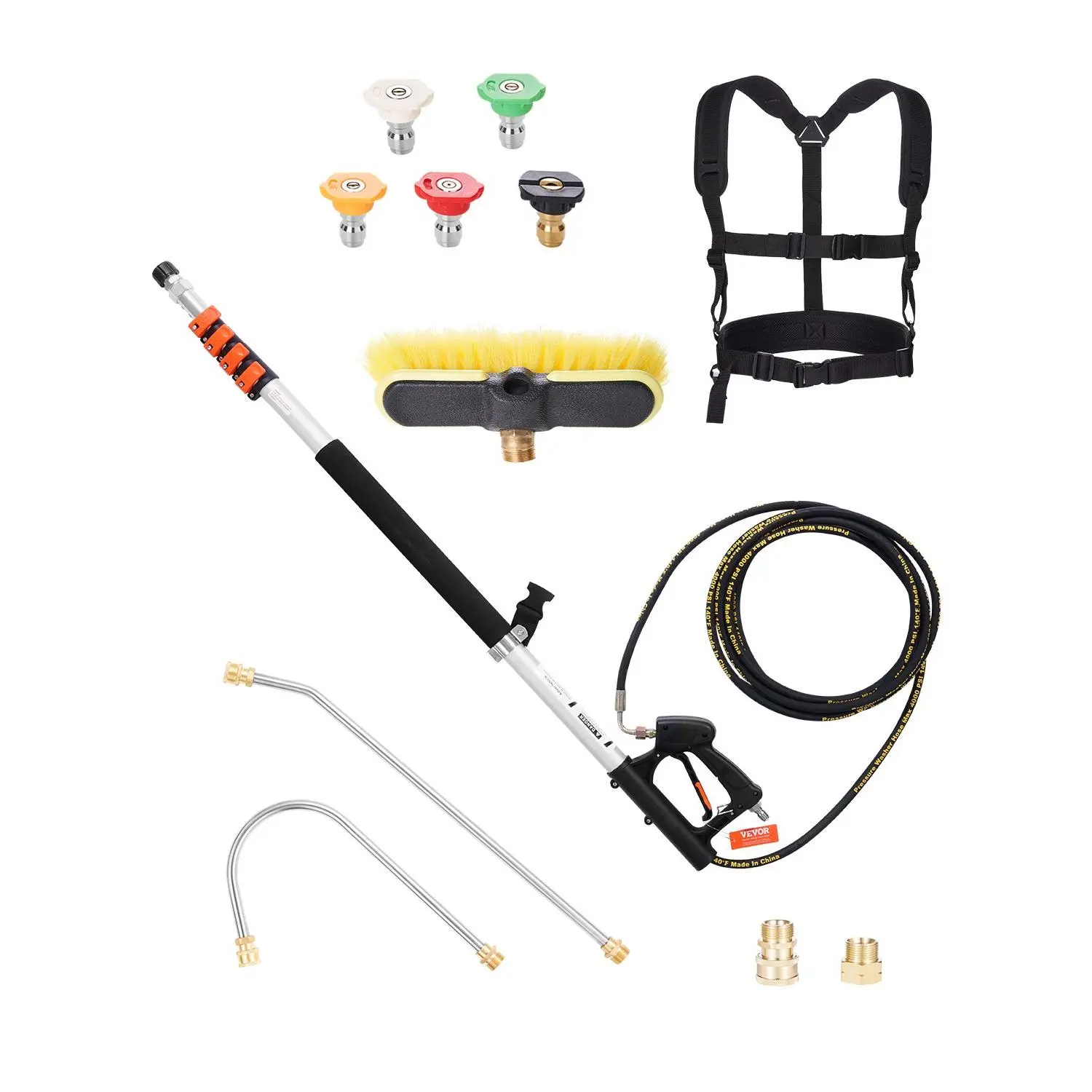 【Summerfinds】VEVOR Pressure Washer Telescoping Wand, 18 ft, 4000 psi, Telescopic Spray Wand with Power Washer Extension Wands, Gutter Cleaner, Brush Head, 5 Spray Nozzle Tips, Adapter and Adjustable Support Belt