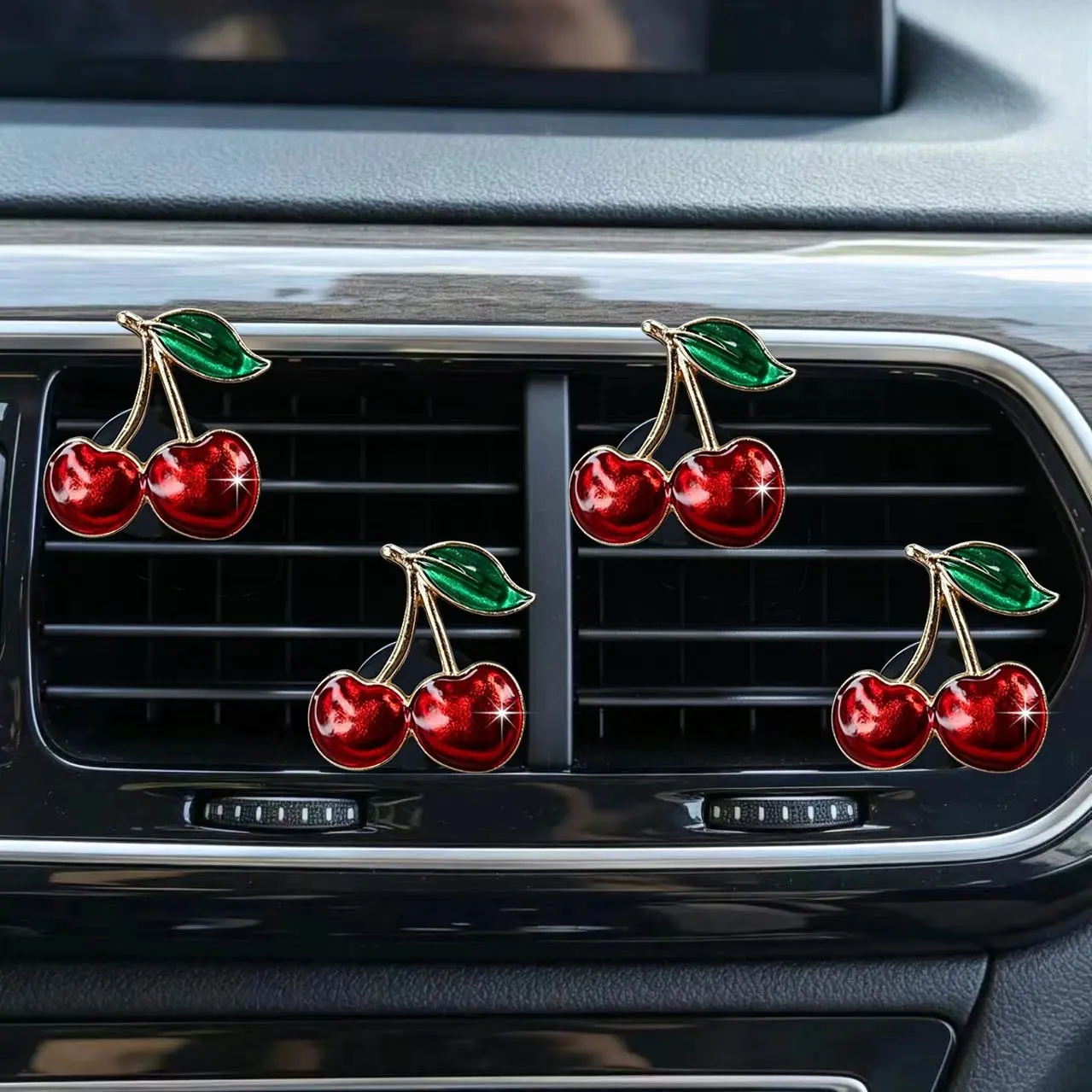 4pcs Cute Alloy Cherry Car Vent Clip, Aromatherapy Diffuser for Car Air Freshener, Decorative Clip for Car Ac Outlet, Essential Oil Holder, Car Interior Diffusers, Car Accessory